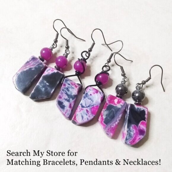 Black Gray & Rose Pink Agate + Sugilite Earrings ~ Wire Wrapped & Unique - Picture 6 of 6